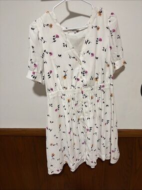 Madewell White Floral Button-Front Dress with Pink and Mustard Flowers